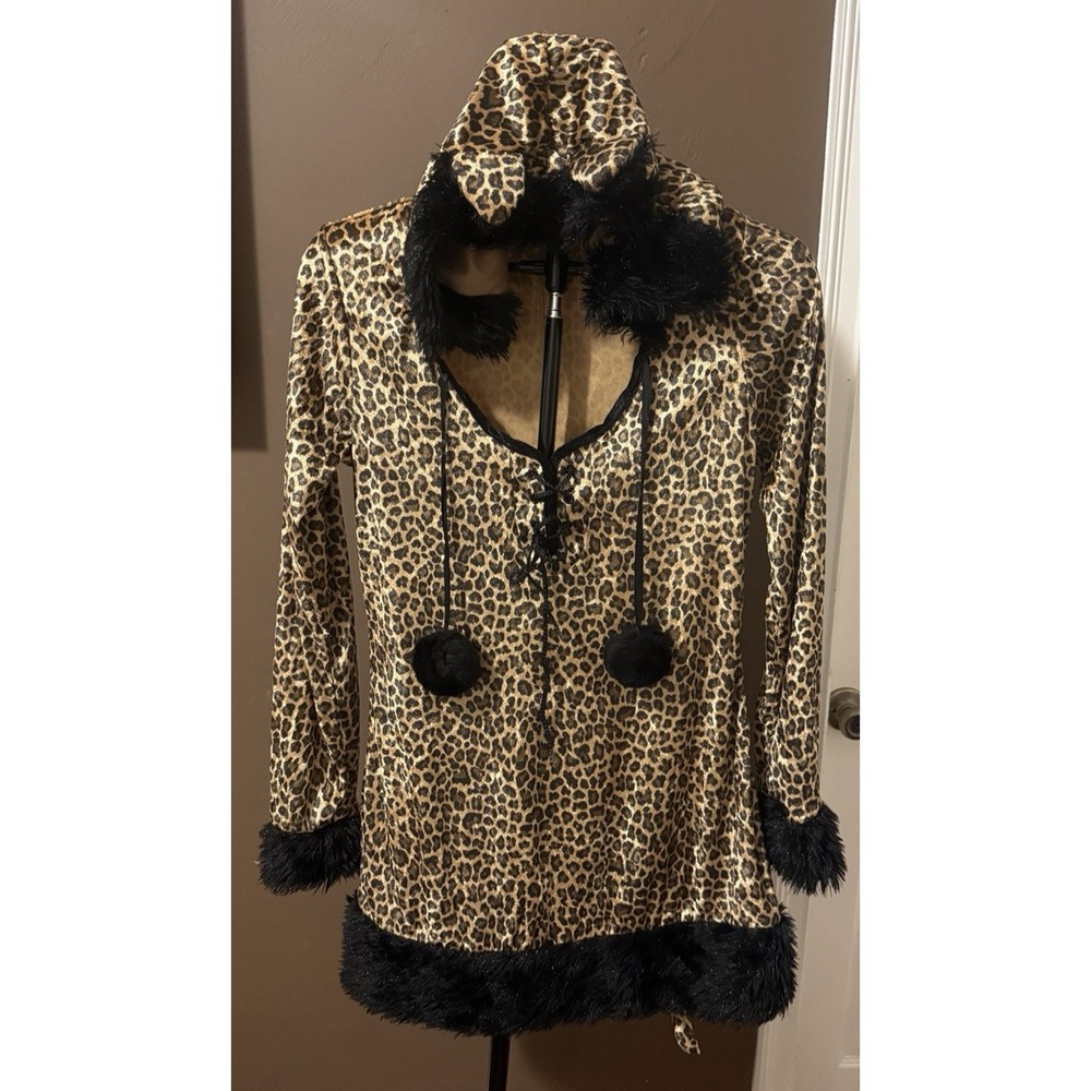 Leopard-Print Hooded Costume Dress features black faux-fur trim Size Large